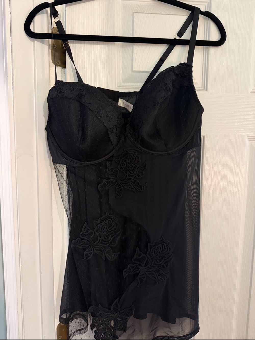 Cacique Black Sheer Lace-Embellished Chemise with Underwire